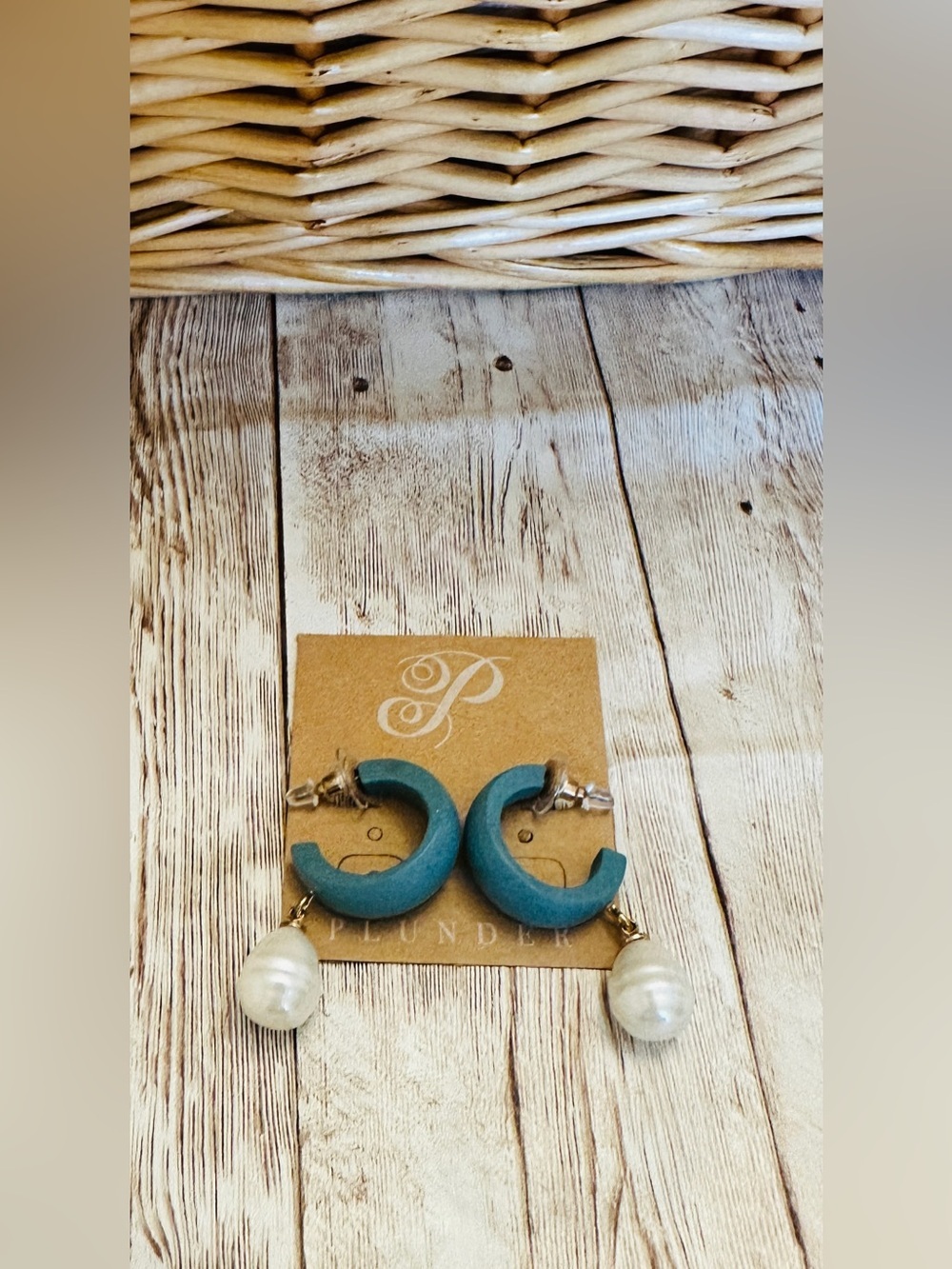 Teal Crescent Hoop Earrings with Pearl Drops*Wooden*Plunder~NEW!
